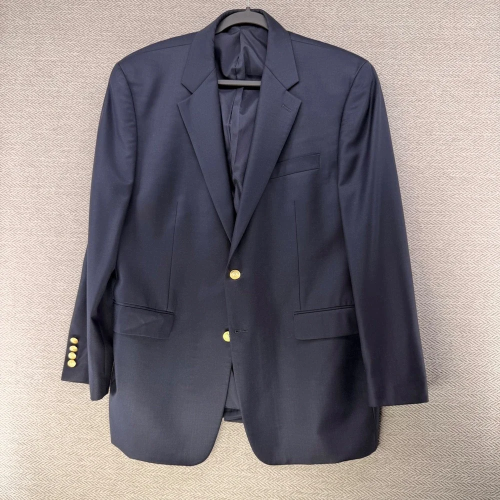 Lauren Ralph Lauren Blazer 44R Navy Blue Wool Gold Crest Button Sport Coat Mens